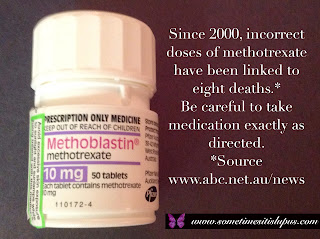 Image: bottle of methotrexate.  Text: Since 2000, incorrect doses of methotrexate have been linked to eight deaths.* Be careful to take medication exactly as directed. * Source www.abc.net.au/news